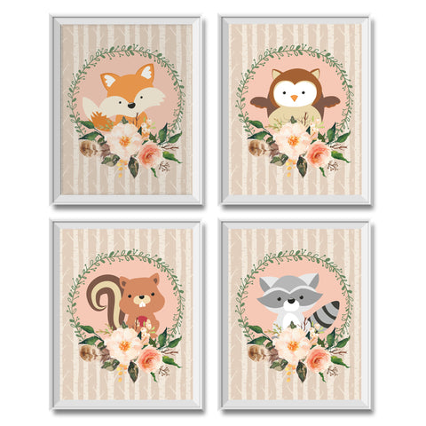 Floral Woodland Animals - Art Prints