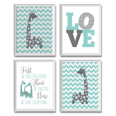 Giraffes Mint Gray Love - Art Prints