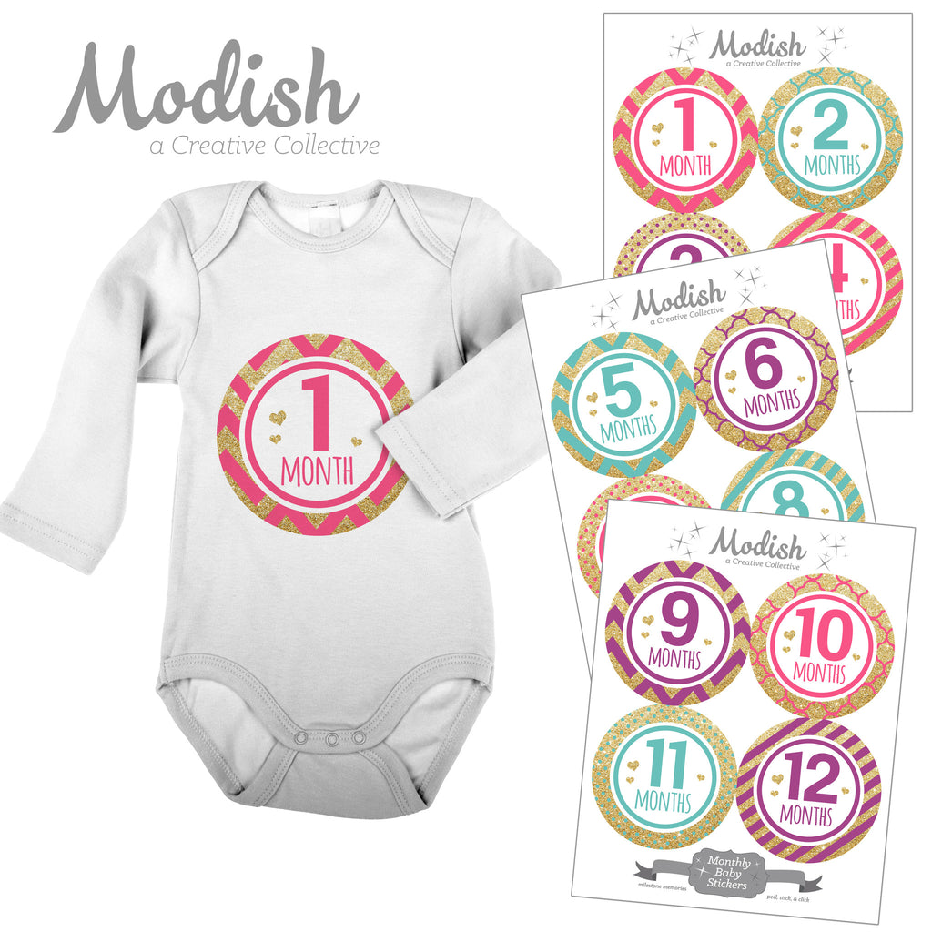 Gold Pink Purple Teal Baby Month Stickers Glamour Baby Girl Modish Labels