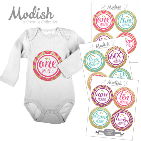 Gold Pink Purple Teal Monthly Baby Stickers
