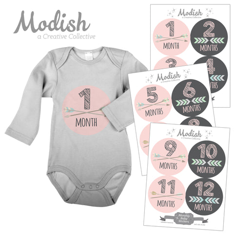 Tribal Arrows Pink Gray Baby Girl Month Stickers