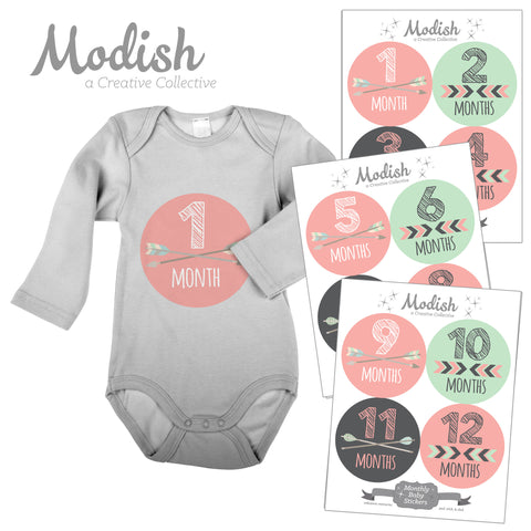 Tribal Arrows Pink Mint Baby Girl Month Stickers