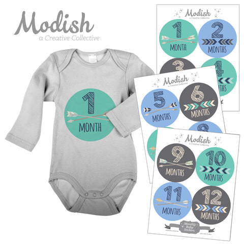 Arrows Teal Tribal Baby Boy Month Stickers