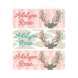 Floral Antlers, Deer, Woodland, Pink, Mint, Girl Name Labels