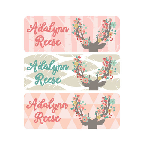 Floral Antlers, Deer, Woodland, Pink, Mint, Girl Name Labels