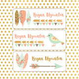 Tribal Feathers, Birds, Pink, Mint, Gold, Girl Name Labels