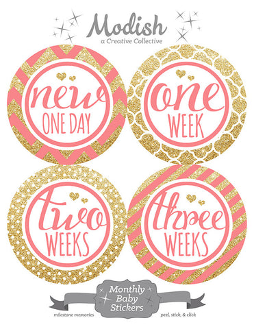 Baby Girl Monthly Milestone Stickers | Set of 20 Floral Gold Stickers | Birth to 12 Months + 8 Bonus Achievement Stickers | Best