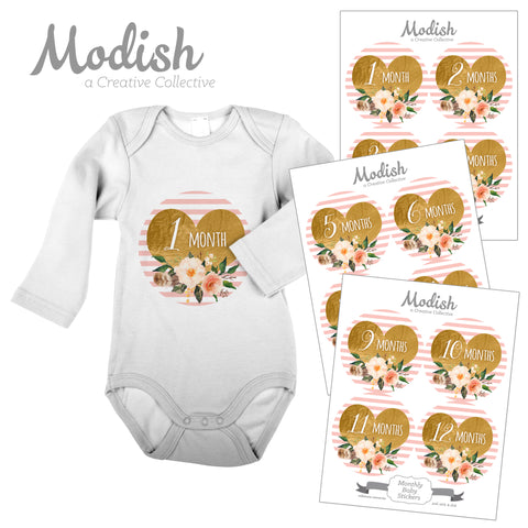 Pink Gold Heart Monthly Baby Stickers