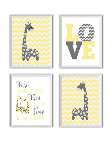 Giraffes Yellow Gray Love - Art Prints