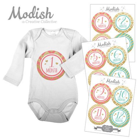 Coral Mint Gold Monthly Baby Stickers