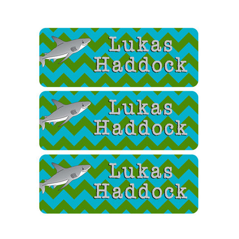 Sharks, Chevron, Aqua, Green, Boy Name Labels