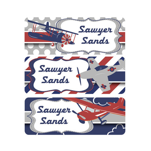 Airplanes, Navy Blue, Red, Boy Name Labels