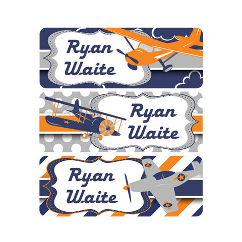 Airplanes, Navy Blue, Orange, Boy Name Labels