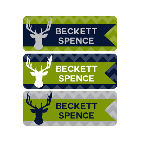 Deer Antlers, Navy Blue, Green, Gray, Boy Name Labels