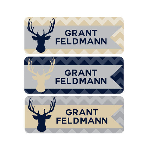 Deer Antlers, Tan, Navy Blue, Boy Name Labels