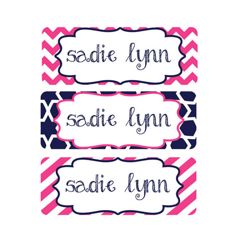 Chevron, Navy, Pink, Stripes, Girl Name Labels