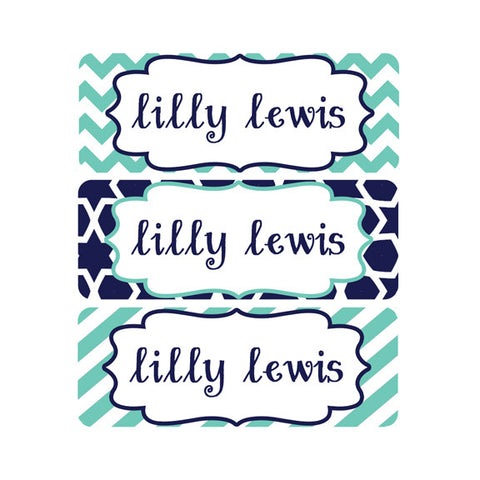 Chevron, Navy, Teal, Stripes, Girl Name Labels