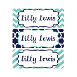 Chevron, Navy, Teal, Stripes, Gender Neutral Name Labels