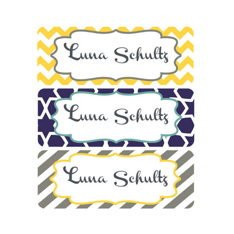 Chevron, Yellow, Gray, Navy, Stripes, Gender Neutral Name Labels