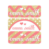 Stripes, Chevron, Polka Dots, Coral, Gold, Girl Name Labels