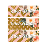 Flowers, Pink, Gold, Chevron, Polka Dots, Girl Name Labels