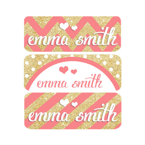 Stripes, Chevron, Polka Dots, Coral, Gold, Girl Name Labels