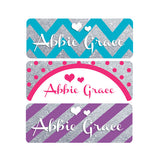 Stripes, Chevron, Polka Dots, Pink, Purple, Teal, Silver, Girl Name Labels