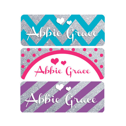 Stripes, Chevron, Polka Dots, Pink, Purple, Teal, Silver, Girl Name Labels