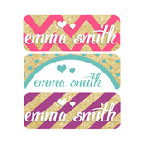 Stripes, Chevron, Polka Dots, Pink, Purple, Teal, Gold, Girl Name Labels