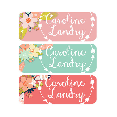 Tribal Arrows, Flowers, Pink, Mint, Coral, Girl Name Labels