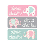 Elephants, Pink, Mint, Gray, Girl Name Labels