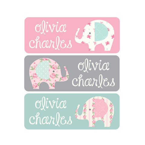 Elephants, Pink, Mint, Gray, Girl Name Labels