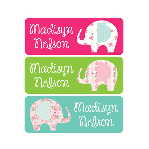 Elephants, Hot Pink, Teal, Lime Green, Girl Name Labels