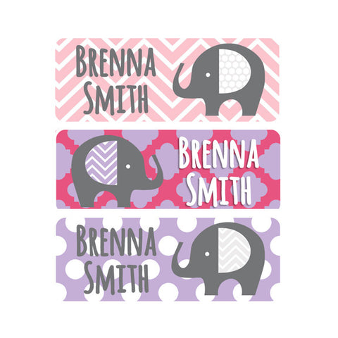 Elephants, Pink, Purple, Gray, Girl Name Labels