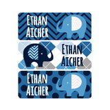 Elephants, Navy Blue, Baby Blue, Gray, Boy Name Labels