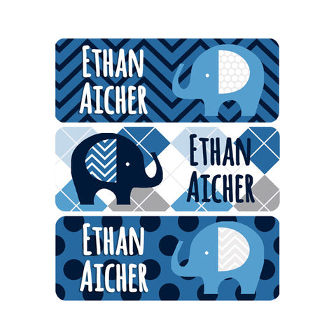 Elephants, Navy Blue, Baby Blue, Gray, Boy Name Labels