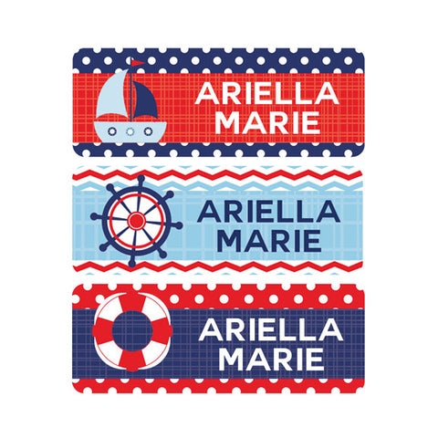 Nautical, Sail Boat, Navy Blue, Red, Girl Name Labels