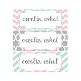 Chevron, Pink, Mint, Gray, Stripes, Girl Name Labels