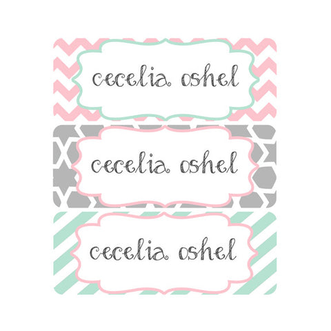 Chevron, Pink, Mint, Gray, Stripes, Girl Name Labels