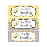 Honey Bees, Yellow, Gray, Flowers, Girl Name Labels