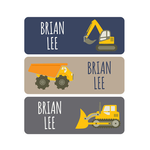 Construction Trucks, Dump Truck, Bulldozer, Loader, Boy Name Labels