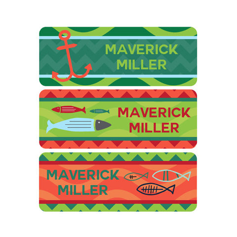School Name Tags - Boy Name Labels, Nautical, Fish, Anchor, Green