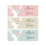 Floral Antlers, Deer, Woodland, Pink, Tan, Girl Name Labels