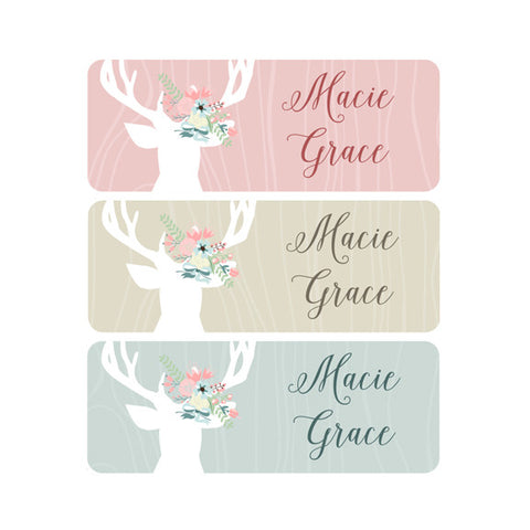 Floral Antlers, Deer, Woodland, Pink, Tan, Girl Name Labels