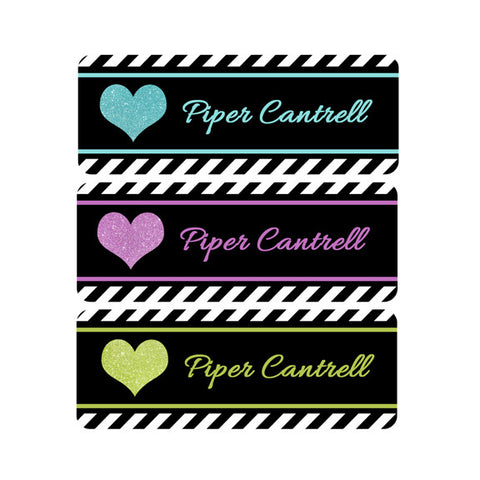 School Name Tags - Girl Name Labels, Hearts, Glitter, Black, Pink