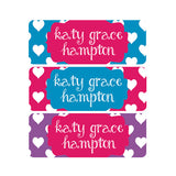 Hearts, Pink, Purple, Blue, Girl Name Labels