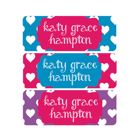Hearts, Pink, Purple, Blue, Girl Name Labels