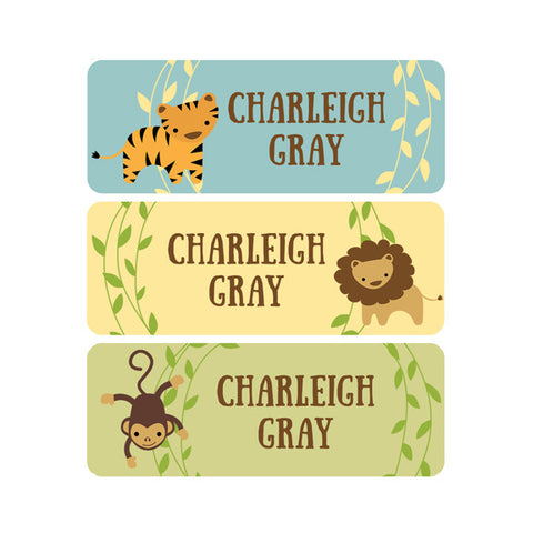 Jungle Animals, Monkey, Lion, Tiger, Gender Neutral Name Labels