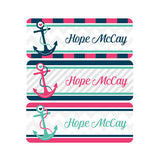 Nautical, Pink, Teal, Navy Blue, Girl Name Labels