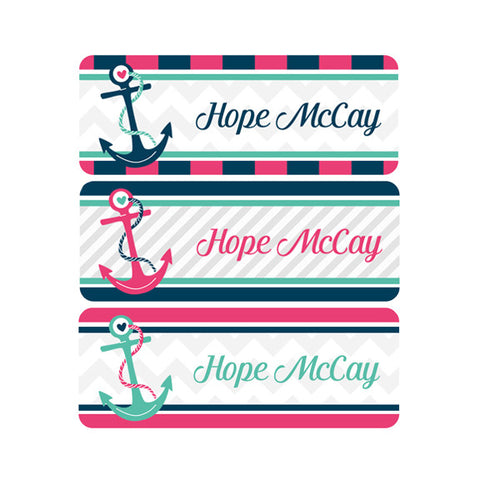 Nautical, Pink, Teal, Navy Blue, Girl Name Labels